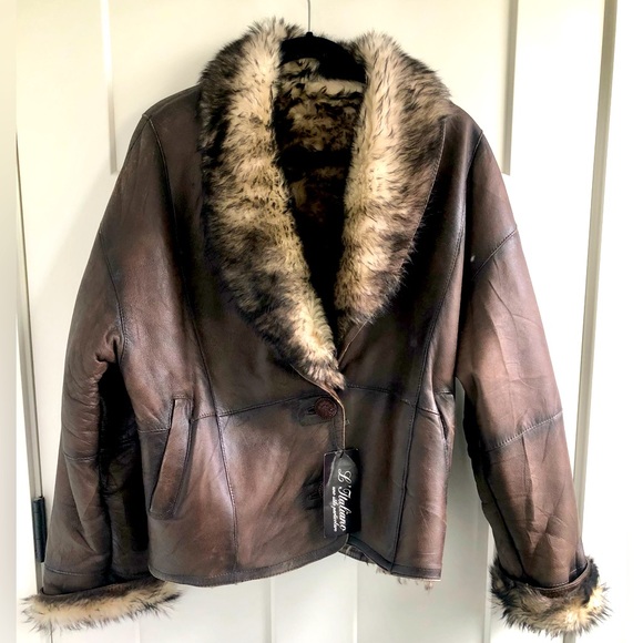New Vintage European 90s Y2K brown leather shearling crop short jacket S Small - Picture 3 of 11
